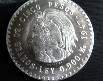 1947 MEXICO 5 PESOS Versilberte Münzen-Tribut-Replik in Capsule- Aztec Cuauhtémoc