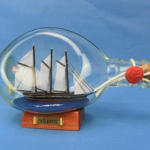 Schooner Ship in a Bottle-- Three Master ATLANTIC 7&quot; long w/Brass Plaque