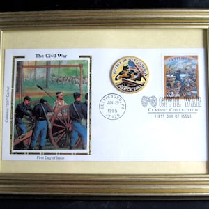 Framed 1995 CIVIL WAR Commemorative Envelope &quot;Battle of Gettysburg&quot; w/Cachet plus JFK Colorized Half Dollar