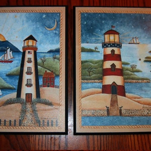LIGHTHOUSE plaques Beautiful Primitive Americana Art by Valorie Evers Wenk  Ready to hang. 2 for 1