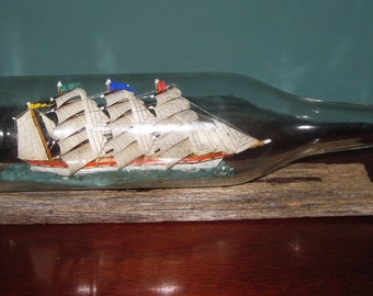 Rare Robin Hood Bay Four Masted 26 Sails Ship in a Bottle- One Foot Long Bottle on Driftwood Stand