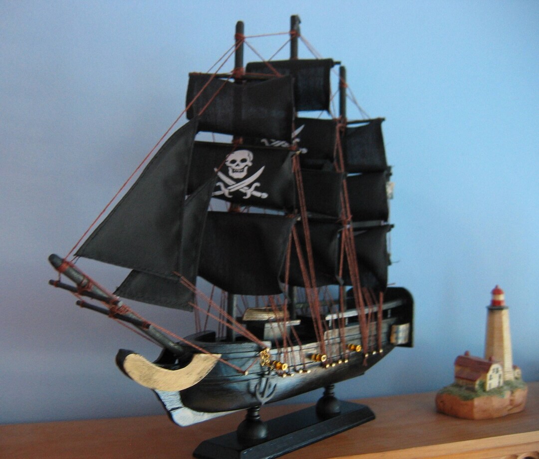 Wood Pirate Ship Model and Display Stand Wood Pirate Ship Model and Display Stand