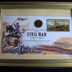 Framed 1865-2015 CIVIL WAR Commemorative Envelope &quot;Battle of Five Forks&quot; plus Authentic 1865 Indian Head Penny