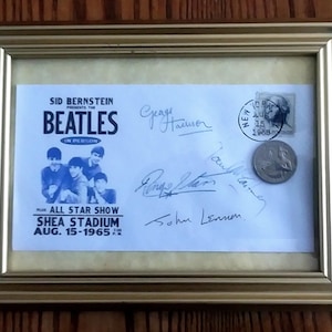 Beatles at Shea Stadium! Framed 1965 Commemorative Fantasy Envelope w/Concert Ad, Signatures and USA Drummer Coin and  Stamp