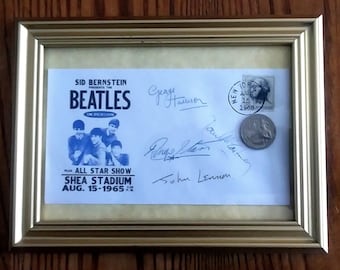 Beatles at Shea Stadium! Framed 1965 Commemorative Fantasy Envelope w/Concert Ad, Signatures and USA Drummer Coin and  Stamp