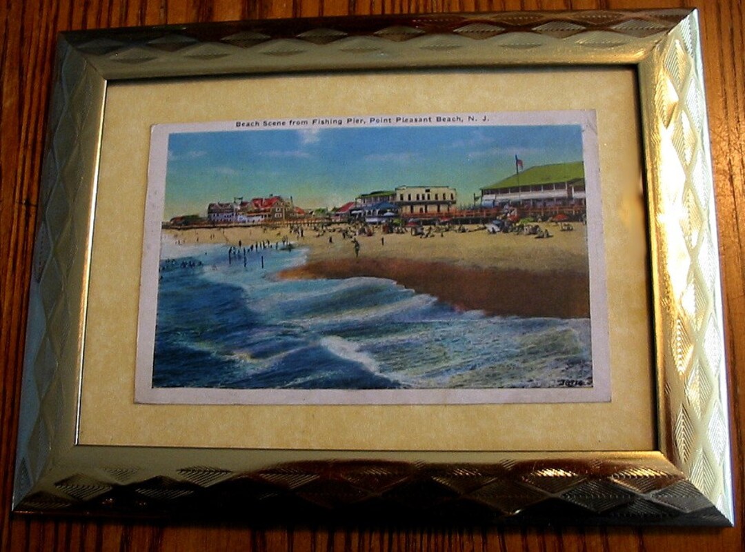 Early Scene of Pt. Pleasant Beach 1937 Framed Postcard W/one Cent Green