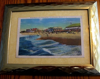 Escena temprana de pt. Pleasant Beach 1937- Postal enmarcada con sello Franklin verde de un centavo