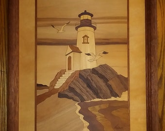 LIGHTHOUSE ROCK Larger Format Wood Inlay MARQUETRY  by Hudson River Artist Jeff Nelson No. 2