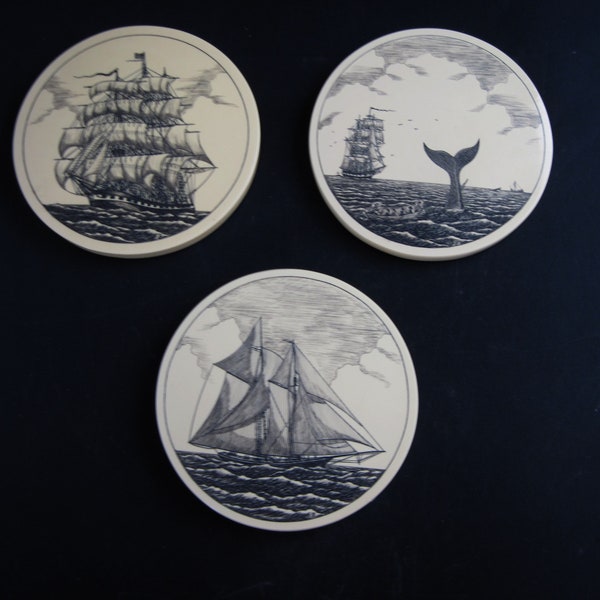 Stephen Barlow SHIP PORTRAITS Coaster Set of Three: Schooner, Tall Ship and Whaling Scene