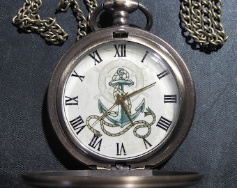 Reloj de bolsillo ANCHOR de la Marina, la Guardia Costera o un yate con cadena y bolsa de terciopelo