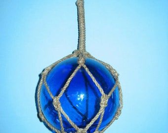 Hand Blown GLASS FISHING FLOAT with Macrame 12" Hanger! Cobalt Blue!