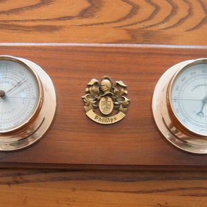 PHILLIPS Family Name Crest WEATHER STATION Brass and Wood  Excellent!