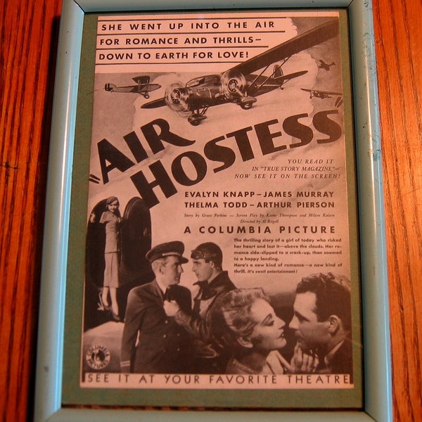 AIR HOSTESS 1933 Film by Columbia Pictures Advertising Card in Frame "She went up into the air for romance..."