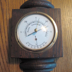 Vintage German Solid Oak and Brass Barometer Weather Station