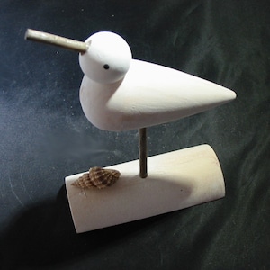 Cute Shore Bird WHITE GULL all Wood Carving on White wooden stand w/seashell- Type 1