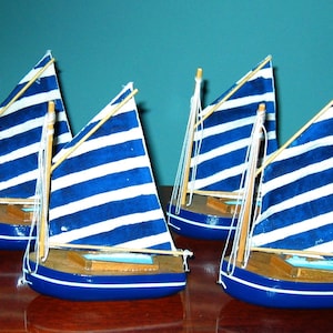 Wooden Ship Models- A Fleet of 4 Gaffed Rig Sloops w/ Blue Striped Sails- Assembled