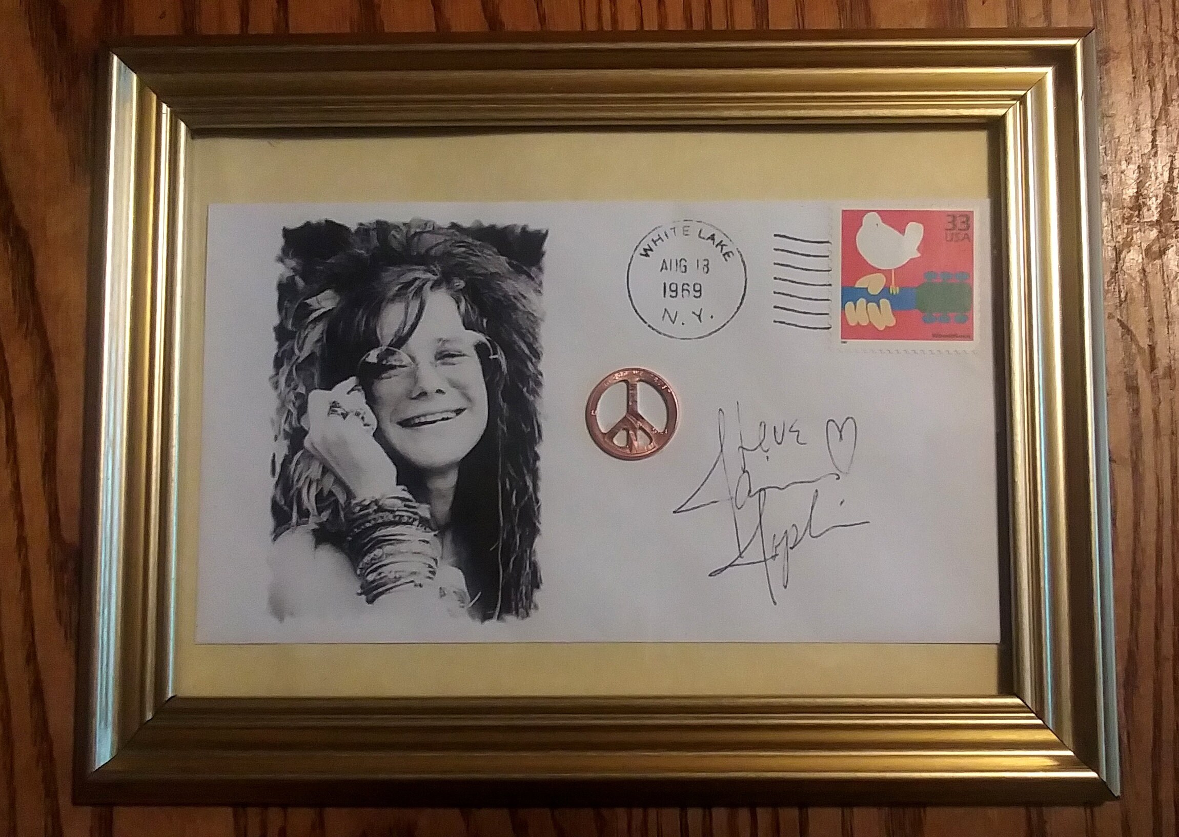 UNFRAMED Commemorative Envelope Tribute to JANIS JOPLIN  w/Signature, Peace Coin and Woodstock Stamp and Cancellation