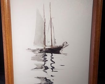 Framed Ship's Portrait of a 2 Masted Schooner- Sepia toned Watercolor in a Hardwood Frame.