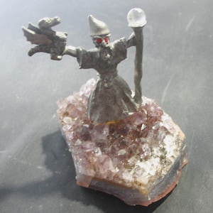 Mini Fine Pewter WIZARD holding a Baby Dragon with Crystal Staff on a real Amethyst Ckuster!