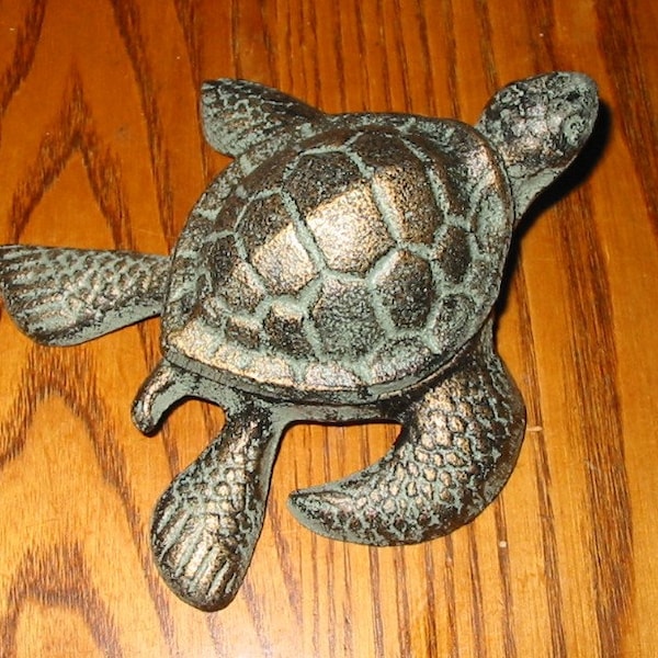 Cast Iron SEA TURTLE Trinket/Pill Container 5" Antique Patina Finish