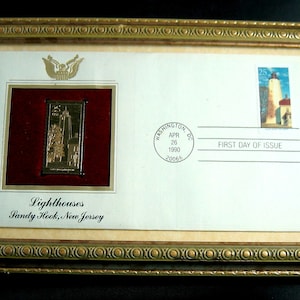Framed 22 Karat Gold SANDY HOOK Lighthouse Stamp FDC from 1990