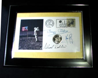 FRAMED 1969 Commemorative Envelope featuring Apollo 11 Moon Mission w/Vintage Stamp & Smithsonian Apollo 11 Coin