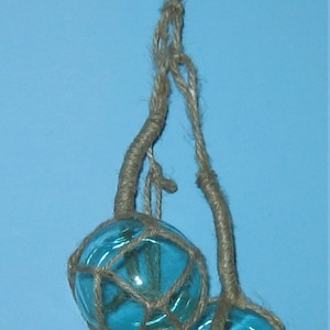 Nautical GLASS FISHING FLOATS Set of Three with Macrame 12&quot; Long Light Aqua/Blue 2&quot; Glass Balls