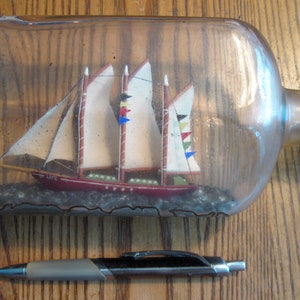 Antique Ship in a Bottle- THREE MASTED SCHOONER Old Custom Work in Erven Lucas Bols Bottle