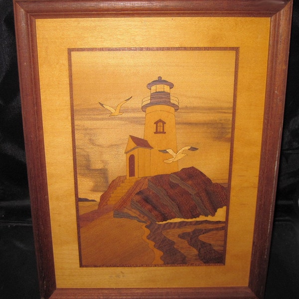 LIGHTHOUSE ROCK Larger Format Wood Inlay MARQUETRY  by Hudson River Artist Jeff Nelson