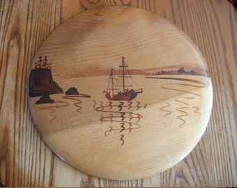 Huge MYRTLEWOOD 12" Round Plaque with Coastal Scene made from Exotic Wood found in Oregon.