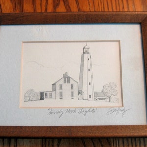 SANDY HOOK  LIGHTHOUSE Pen and Ink portrait Mounted in Hardwood Frame- Hand Signed by Artist
