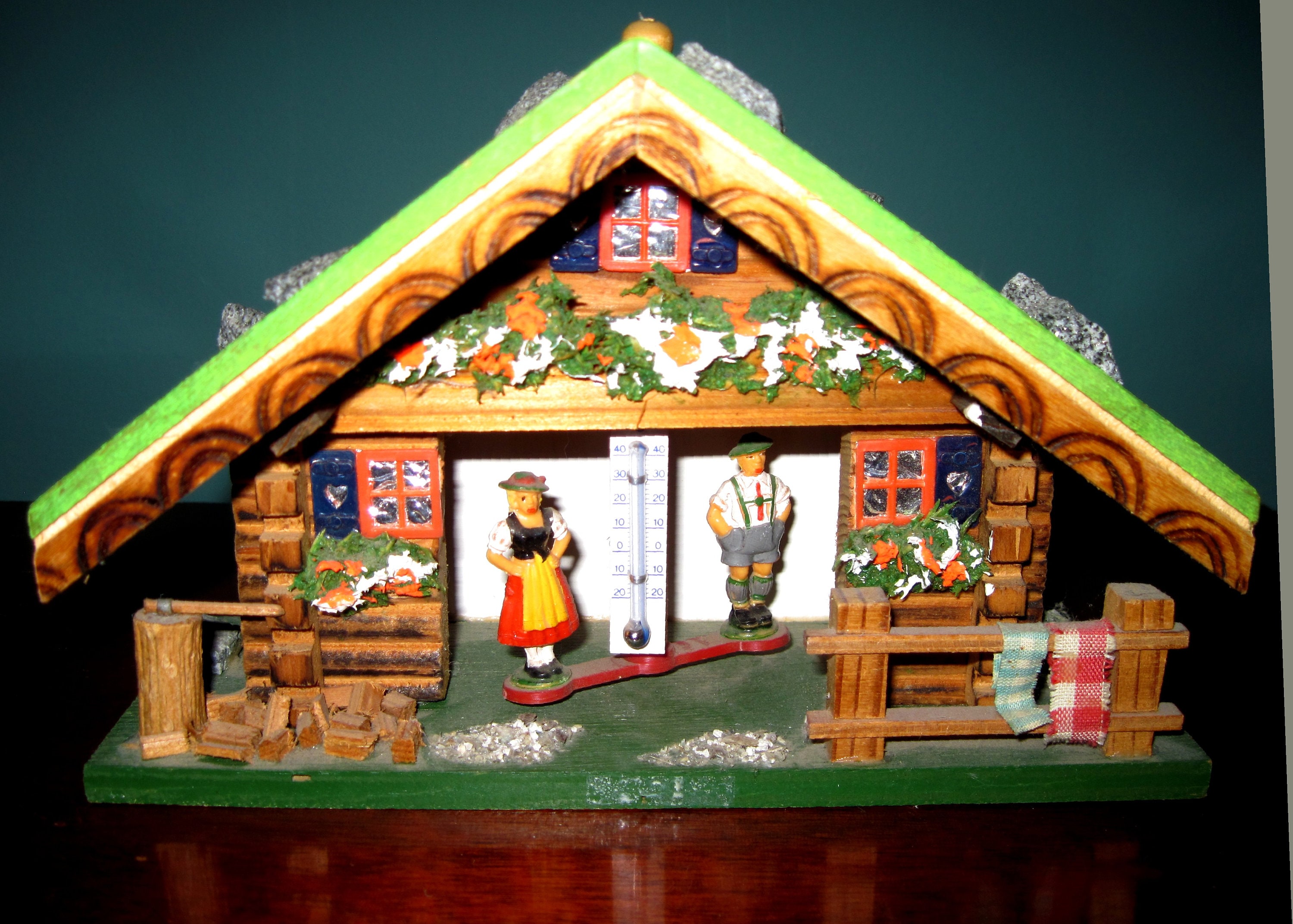 862 Wooden Black Forest German Weather House with Thermometer