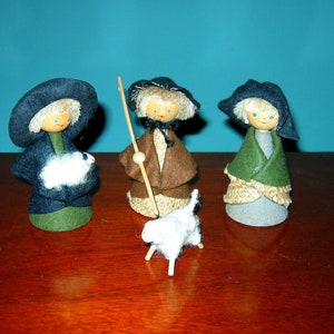 Handpainted Vintage Wooden Doll set- Children Shepards with Sheep. Four Pieces