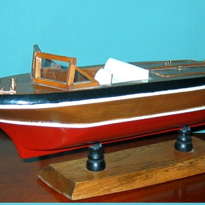 Antique Wooden Boat Model-  Riva or Chris Craft type MAHOGANY Runabout SPEED BOAT w/Bonus Bosun&#39;s Whistle