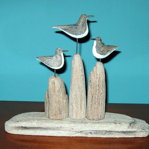 Cute Three Carved Shore Bird SANDPIPERS- all Wood on Driftwood type wooden stand
