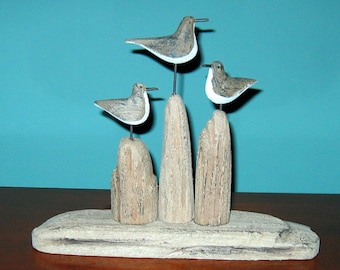 Cute Three Carved Shore Bird SANDPIPERS- all Wood on Driftwood type wooden stand