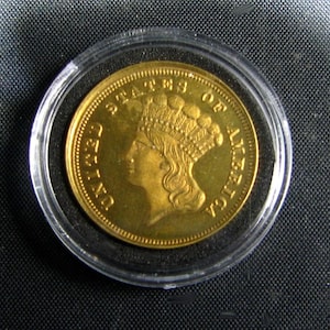 Copy of Rare 3 Dollar Indian Princess Gold Coin 1854-D Tribute Gold Plated Replica in Protective Capsule