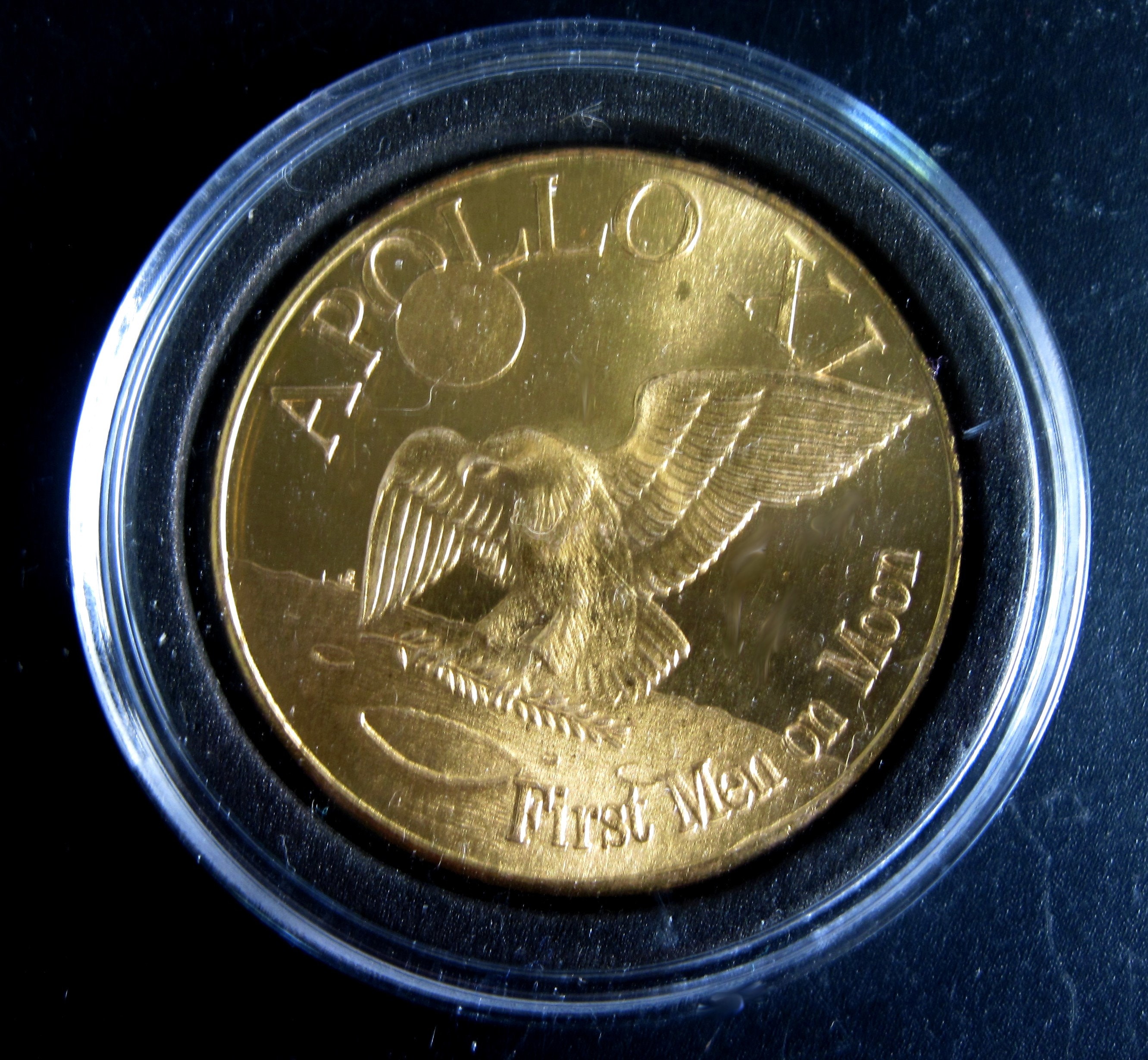 Vintage APOLLO 11 and APOLLO 12 "Silver" Dollar size 1969 Commemorative  Golden Cameo Proof Coin in Capsule