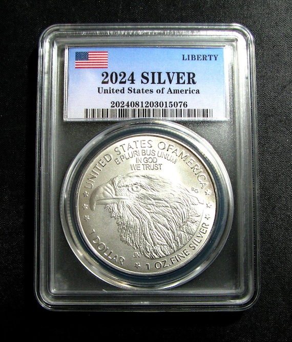 2024年 アメリカ　リバティ銀貨 保護されたスラブケース入り、輝くアメリカンイーグル銀メッキコイン
