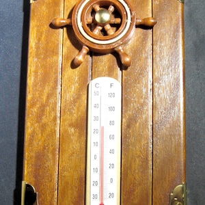 Nautical Weather Station  8&quot; Tall w/Thermometer and Ship&#39;s Wheel- Honey Pine Base