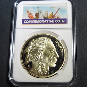 Cameo Proof American 50 Dollar .999 Gold Plated Coin Buffalo Tribute Replica in Slabbed Case