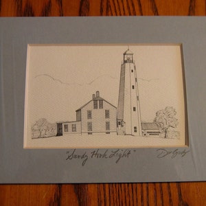 SANDY HOOK  LIGHTHOUSE Pen and Ink portrait Unframed Mat- Hand Signed by Artist