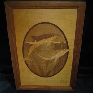 Dolphin Pair!  BEAUTIFUL WOOD Inlay MARQUETRY  by Hudson River Artist Jeff Nelson