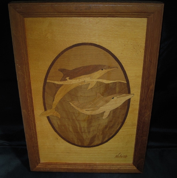Dolphin Pair! BEAUTIFUL WOOD Inlay MARQUETRY by Hudson River