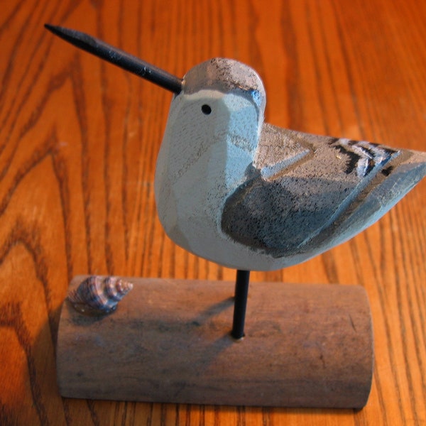 Cute Shore Bird SANDPIPER all Wood Carving on Driftwood type wooden stand w/seashell- Type 3