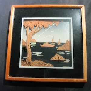 Vintage 1970s Framed Cork Seashore Scene- People&#39;s Republic of China