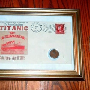 FRAMED 1912 Commemorative Envelope featuring Titanic Ad w/Vintage Stamp & 1912 US Cent BONUS Gold Plated 1 oz. Ingot in Case
