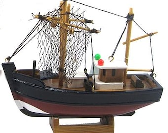 Wooden FISHING BOAT Trawler Model Ship 6" Long- Fully Assembled- Black and Brown Hull