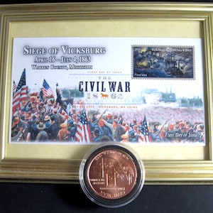 Framed 1864-2014 CIVIL WAR Commemorative Envelope &quot;Seige of Vicksburg&quot; w/Cachet plus matching 1 ounce Copper Round