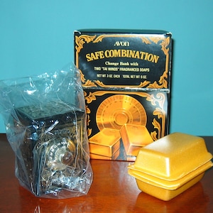 Vintage AVON Combination Metal Coin Bank with Gold Bar Soap MINT w/Original Box and packaging Made in England